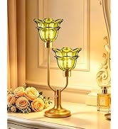 TECHYAP Green Glass Flower Table Lamp Vintage Dimmable Nightstand Lamp | 2 Bulbs Included Mid Cen...