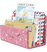 Kucle Mail Organizer Envelope Holder - 3 Compartments Glitter Pink Acrylic Mail Holder Countertop...