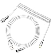 White coiled cable with USB connector on one end and a cylindrical metal connector on the other. Features a comb-like structure at one end.