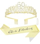 60th Birthday Crown and Sash, 60th Birthday Decorations for Women 60 th Birthday Tiara, 60 & Fabu...