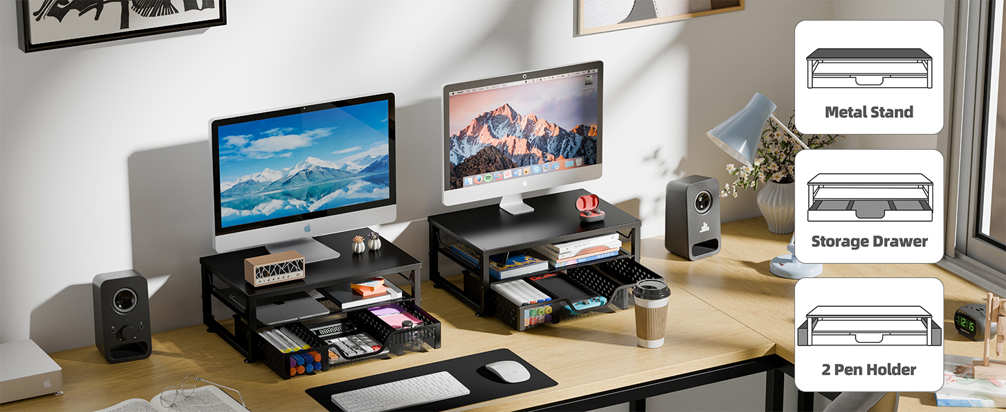 2-Tier Computer Monitor Stand Riser with Drawer