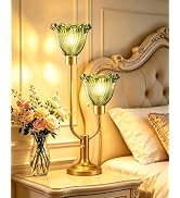 TECHYAP Mid Century Modern Vintage Table Lamp Dimmable Green Lamp Gift | Gold Glass Desk Lamp 2 B...
