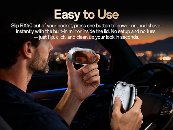 press one button to power on, and shave instantly with the built-in mirror inside the lid