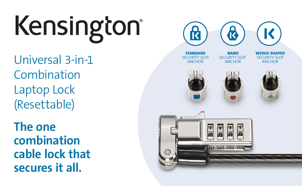 Kensington Universal 3-in-1 Combination Laptop Lock– Resettable
