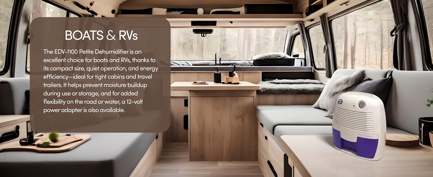 Eva-Dry EDV-1100 Petite Dehumidifier inside a compact RV or boat cabin, perfect in tight spaces