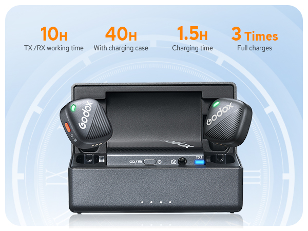 Wireless earbuds in charging case. Specs: 10h working time, 40h with case, 1.5h charging time, 3 full charges. Carbon fiber pattern on earbuds. Case has LED indicators.