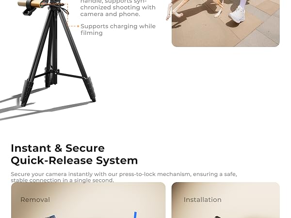 Supports camera+phone sync shooting & charging while filming. Instant secure quick-release
