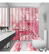 juwute 4Pcs Light Pink Art Words Marble Shower Curtain Sets with Non-Slip Rugs