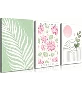Framed Pink And Green Abstract Leaves Wall Art,Boho Botanical Canvas Wall Art Set of 3, Pink Hydr...