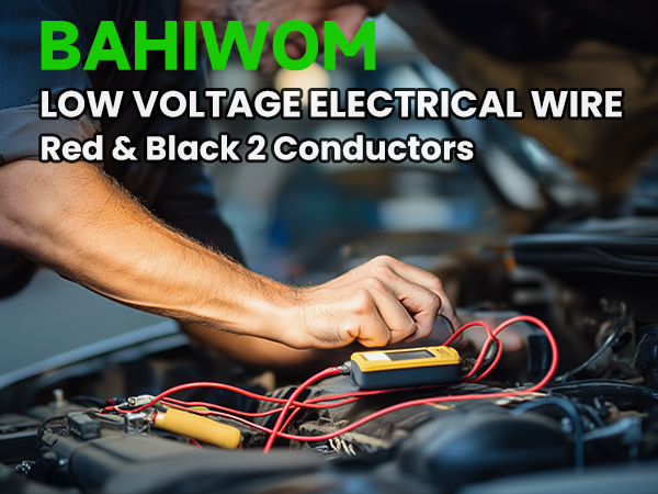 Text reads 'BAHIMON LOW VOLTAGE ELECTRICAL WIRE Red & Black 2 Conductors'. Close-up of hands working with red and black electrical wires in what appears to be a vehicle setting.