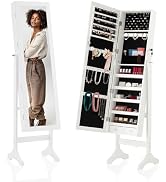 DUMOS 6 LEDs Mirror Jewelry Cabinet, Wall or Door Mounted Jewelry Organizer, 47.2-Inch Tall Locka...