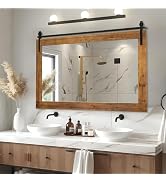 SeekElegant Farmhouse Bathroom Mirror, 41" x 30" Rustic Vanity Mirror, Barn Door Style Wood Frame...