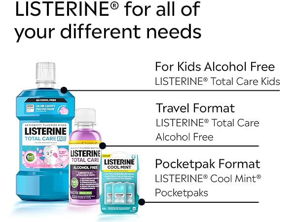 Listerine products listed: kids alcohol free, travel format, pocketpack format