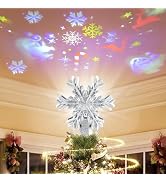 Christmas Tree Topper with Rotating Projector Lights, Silver Decorative Snowflake Tree Topper wit...