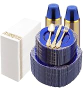 Bestluck 700PCS Clear Blue Plastic Plates for 100 Guests, Disposable Plates with Gold Trim Includ...