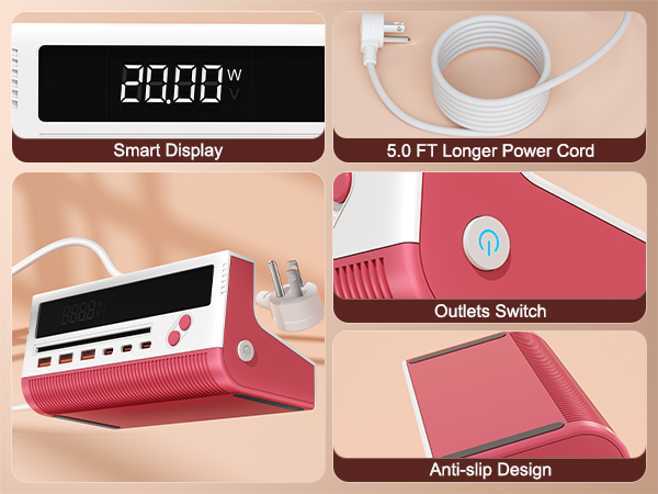 usb power strip with smart display, 5ft power cord, outlets switch, anti-slip design