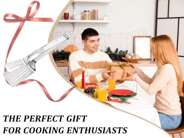 Holiday gift scene showing the 2-in-1 spatula tongs as the perfect present for enthusiasts.