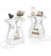 Giantex Narrow End Tables with Charging Station Set of 2, Wood Sofa Side Tables with Open Storage...