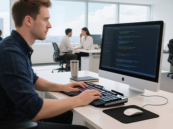Office setting showing person working at desktop computer with coding visible on screen, using keyboard and mouse on desk surface.