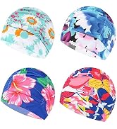 Ewanda store 4 Pcs Colorful Swim Caps for Women Men,Pleated Nylon Cloth Swim Cap Large Swimming C...