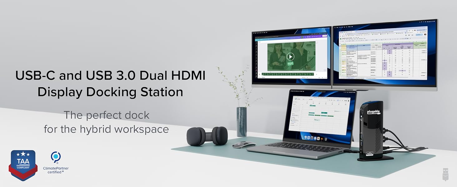 USB-C and USB 3.0 dual HDMI display docking station shown in office setup with multiple monitors, laptop, and peripherals connected.