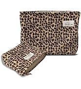 HAPPYHEIDI Makeup Bag Set, Cosmetic Toiletry Travel Pouch, Brown Leopard Print, Corduroy, 2-Size ...