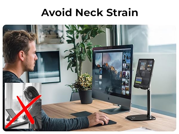 Ergonomic iPad desk mount and small monitor stand adjustable height helps avoid neck strain