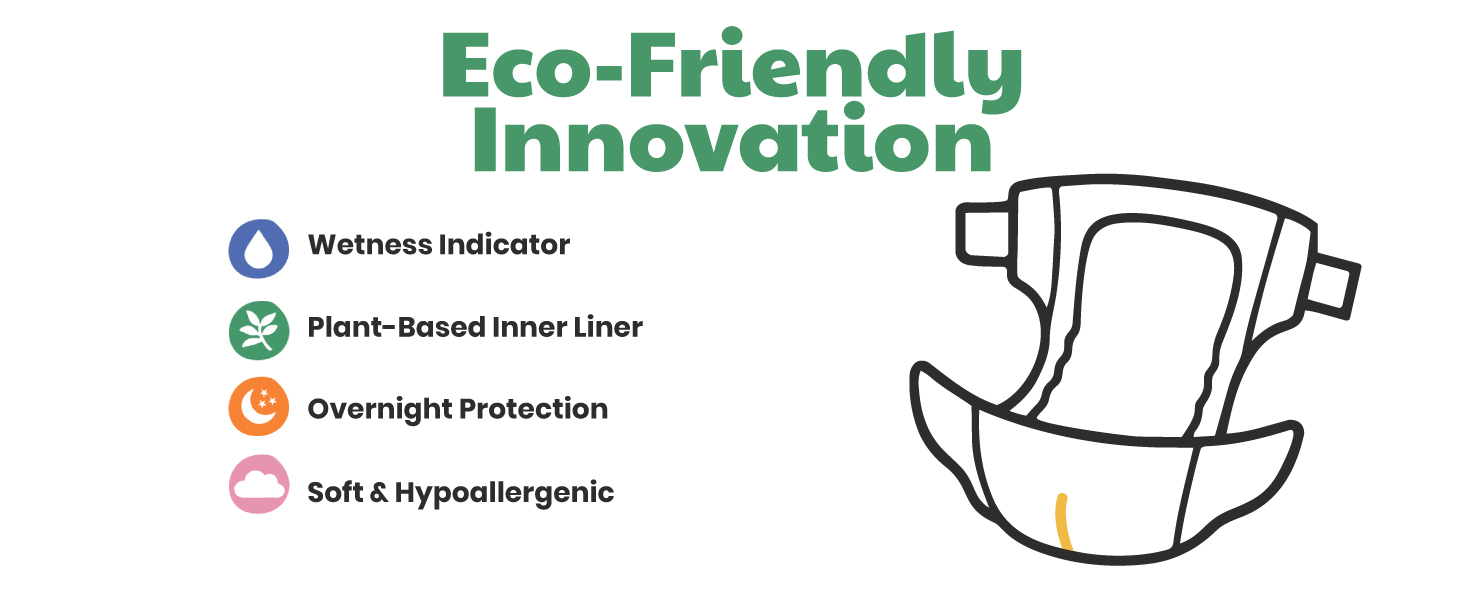 Dyper eco-friendly diaper showing wetness indicator, plant-based liner, overnight protection.
