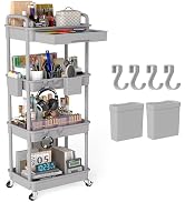 LLMRR 4 Tier Rolling Utility Cart with Drawer, Plastic Storage Organizer Rolling Carts with Wheel...