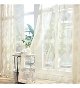 Kotile Beige Lace Curtains 84 Inches Long, 2 Panels Country Rustic Floral Vintage Beige Sheer Cur...