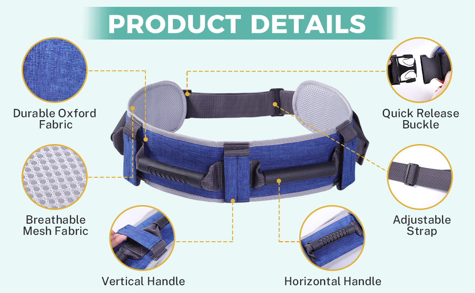 Gait Belt, Adjustable Gait Transfer Belt with 7 Handles (Blue)