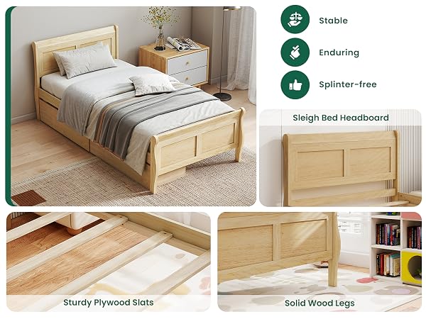 Wood Platform Bed with Headboard Footboard, Wooden Slats Support Mattress Foundation