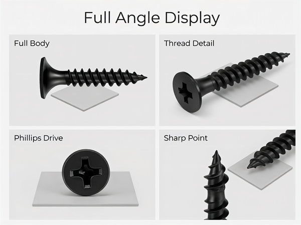 Multi-angle view of wood screw body, sharp point, thread detail and Phillips drive recess.