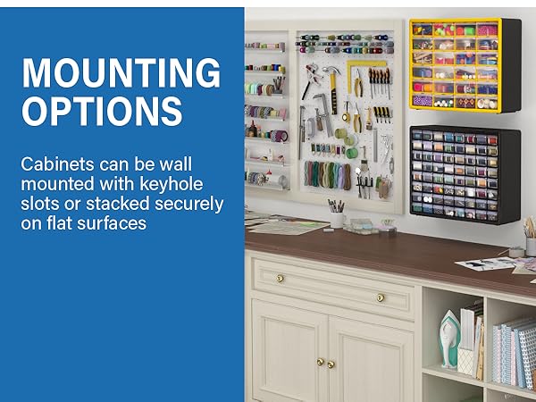 Cabinets can be wall mounted with keyhole slots or stacked securely on flat surfaces