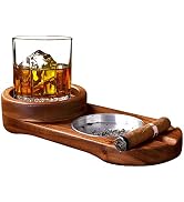 Cigar Ashtray Coaster Whiskey Glass Tray and Cigar Holder, Wooden Ash Tray, Slot to Hold Cigar, C...