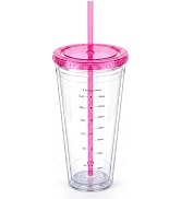 Zukro 32 oz Clear Reusable Plastic Cup with Lid and Straw, Double Walled | BPA Free Wide Mouth Me...