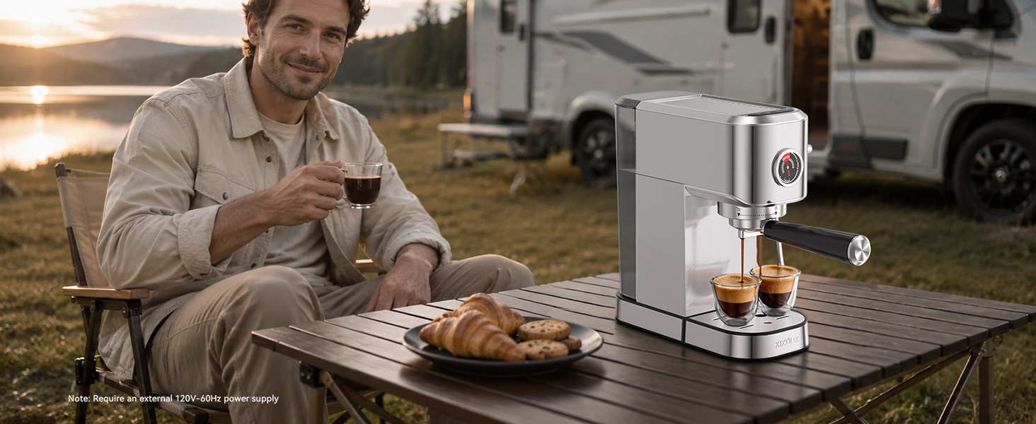 espresso machine RV camping outdoor coffee requires 120V power supply