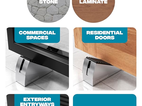 anti-slip rubber pads on both the top and bottom lock it firmly between your door and floor