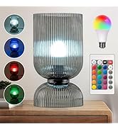 Modern RGB Glass Table Lamp with Remote,Color Changing Bedside Lamp with Ribbed Glass Shade, 16 C...