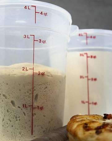 Two 4QT Round containers storing dough and flour