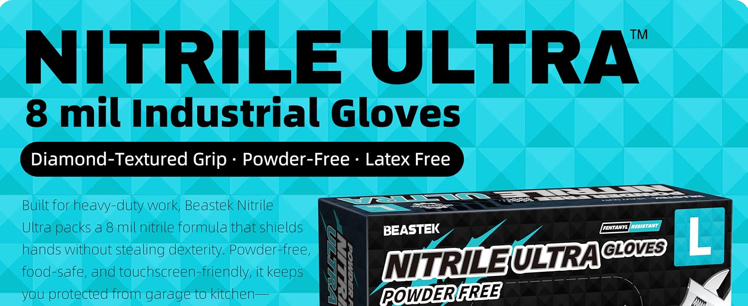 Beastek 8 mil nitrile gloves ultra industrial standard diamond textured grip powder free latex free