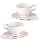 KAMMAK Tea Cups and Saucers Set of 2, 6.7oz Porcelain Coffee Cups with Saucers, Ceramic Espresso ...