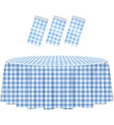 HEIPINIUYE 3 Pack Blue and White Round Checkered Tablecloth 84 × 84 Blue Plaid Table Cover Dispos...