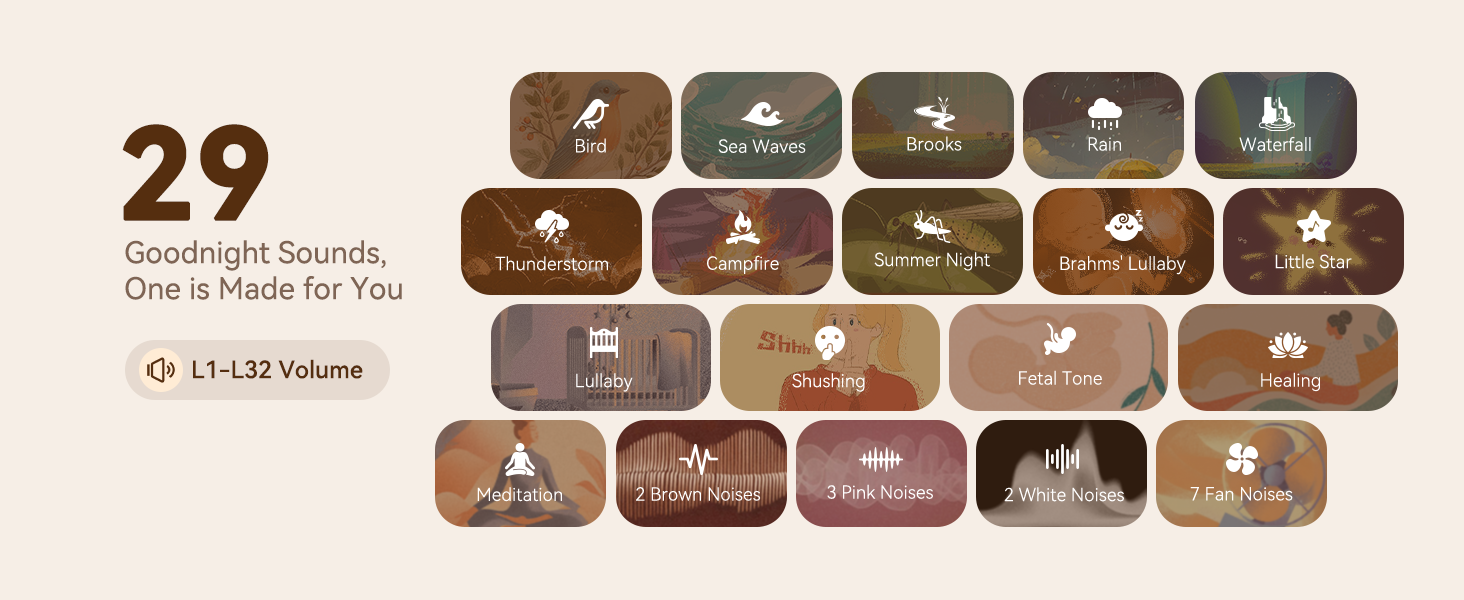 Collection of brown and green rounded rectangular buttons with wildlife silhouettes including deer, trees, and campfire icons arranged in rows.