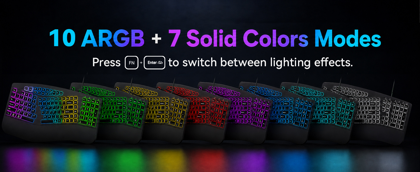 17 RGB Modes – 10 Rainbow + 7 Solid Colors.