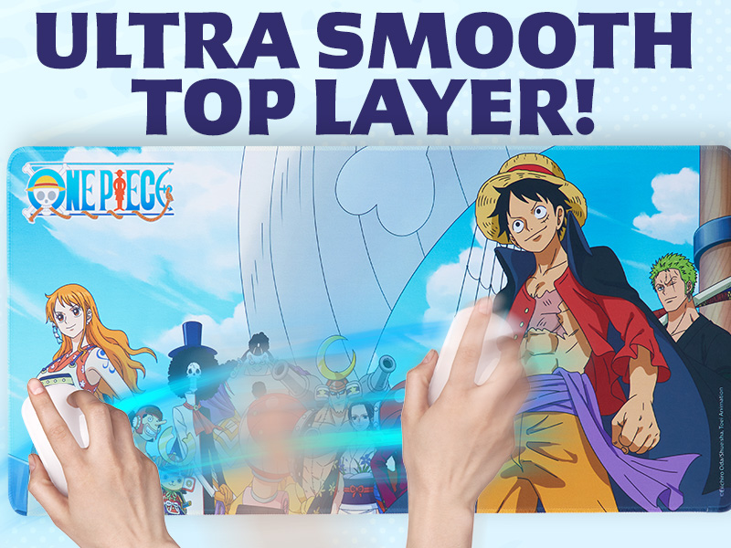 Text reads 'ULTRA SMOOTH TOP LAYER!' with One Piece anime characters illustrated below. Features manga artwork with characters in action poses.
