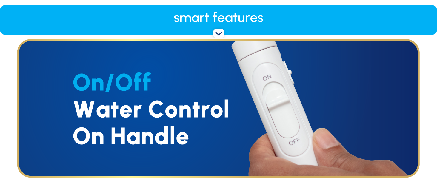 Image of Waterpik flosser handle with text reading on off water control on handle.