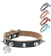 BINGPET Adjustable Leather Spiked Studded Dog Collars,Genuine Leather Pet Collar with Bells,Spike...