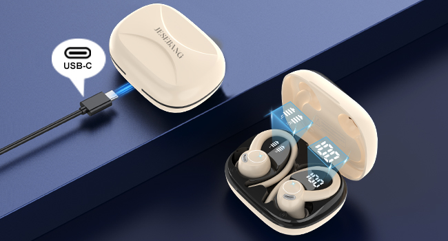 Wireless earbuds in an open charging case with USB-C port. The earbuds and case have a beige color and are displayed on a blue surface.