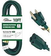 HONDERSON 10 Ft Outdoor Extension Cord-16/3 SJTW Durable Green Extension Cable with 3 Prong Groun...